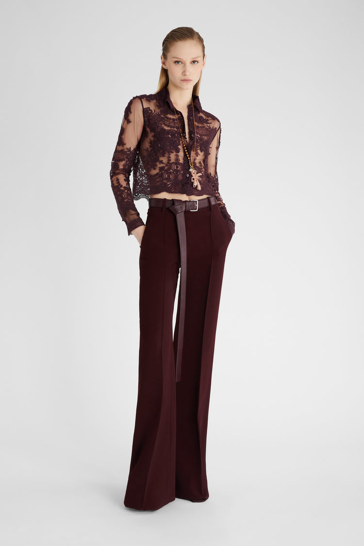 Brown cropped lace shirt with transparencies