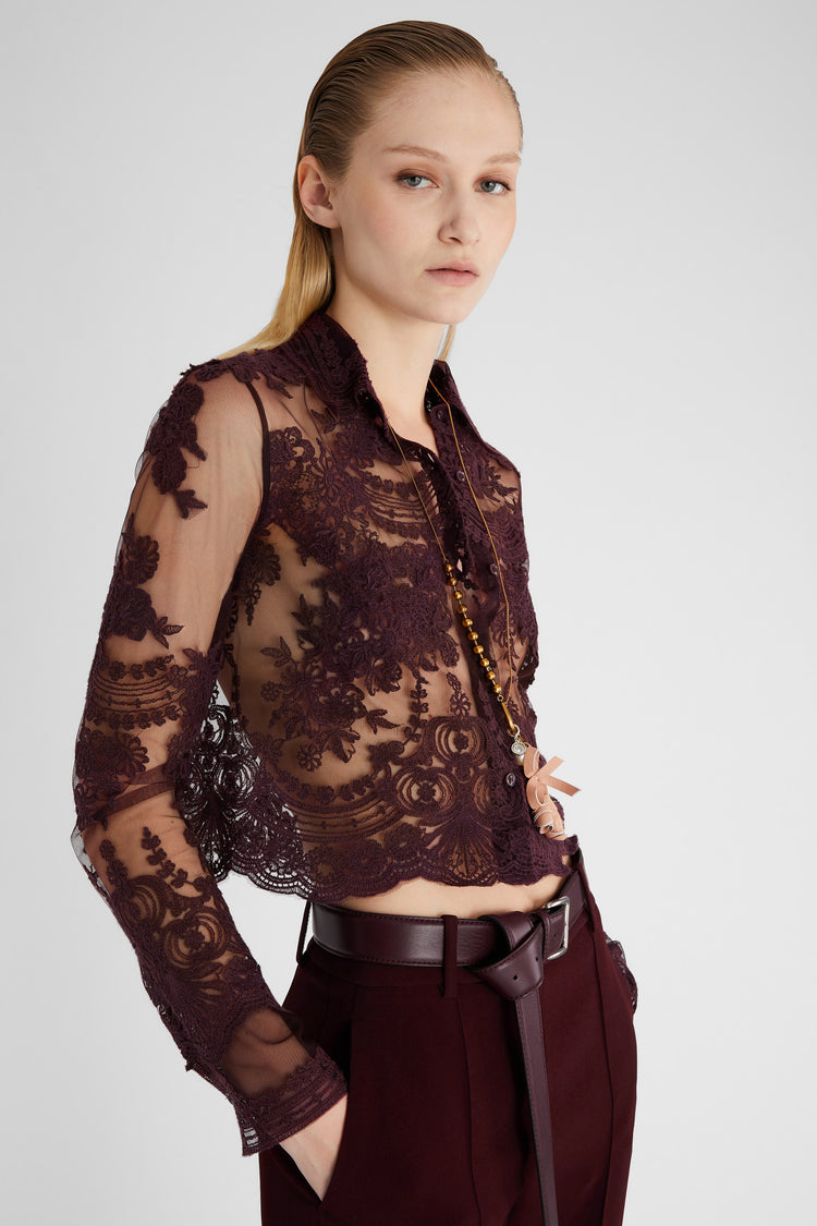 Brown cropped lace shirt with transparencies