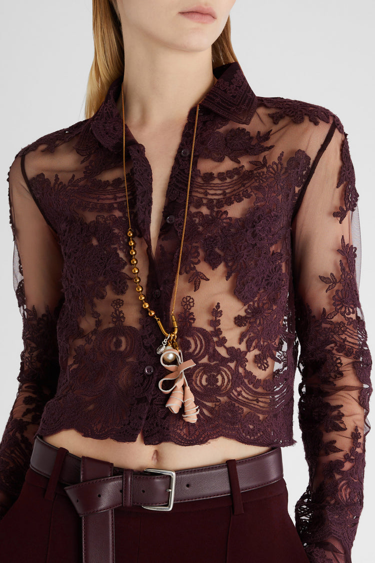 Brown cropped lace shirt with transparencies