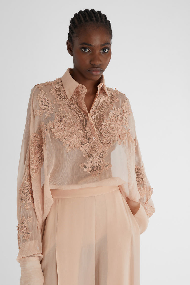 Oversize silk shirt with lace