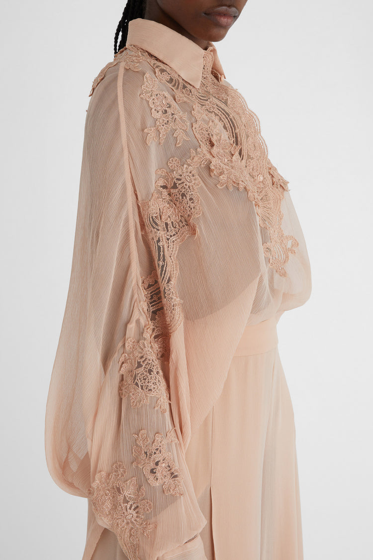 Oversize silk shirt with lace