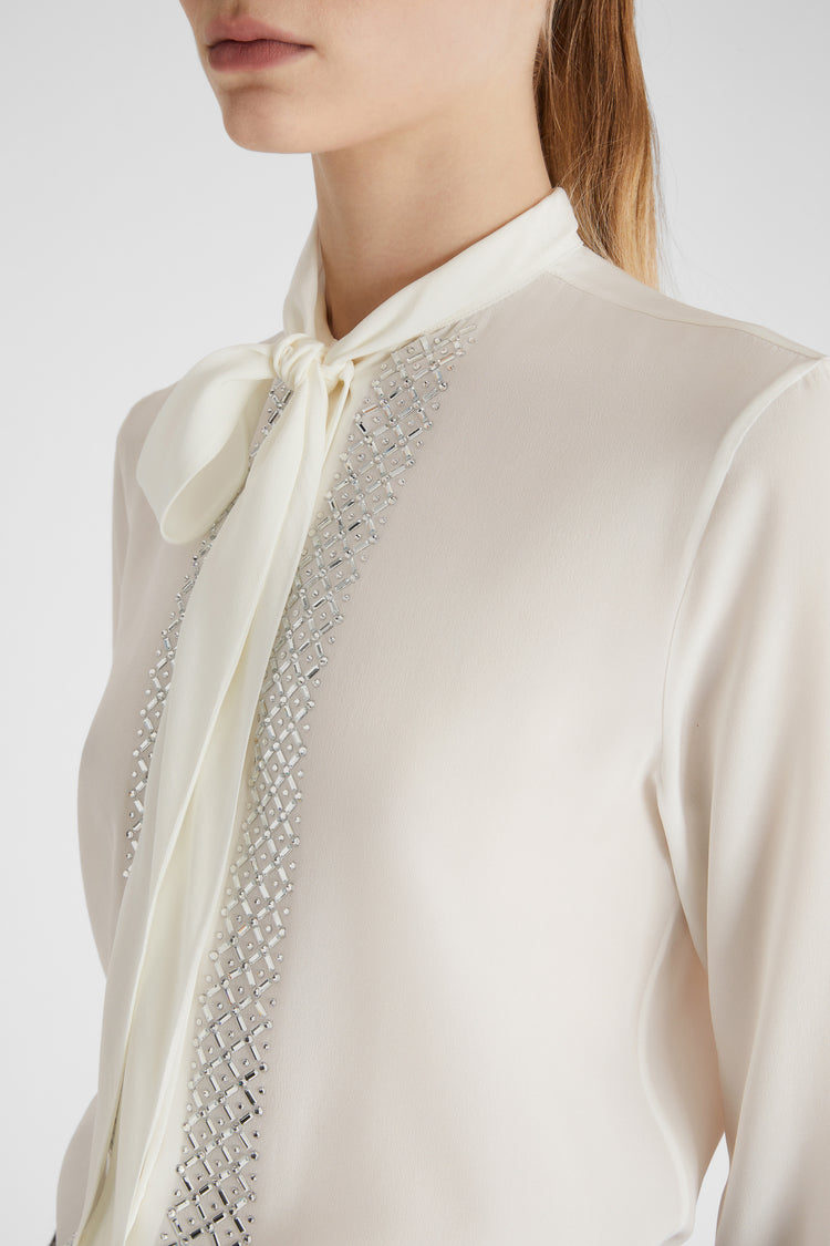 Silk shirt with micro-crystal appliqué