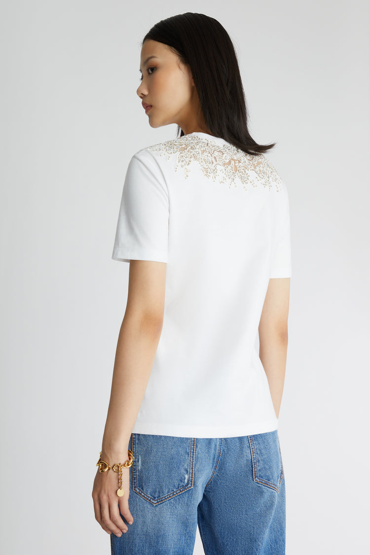 T-shirt con pizzo e cristalli