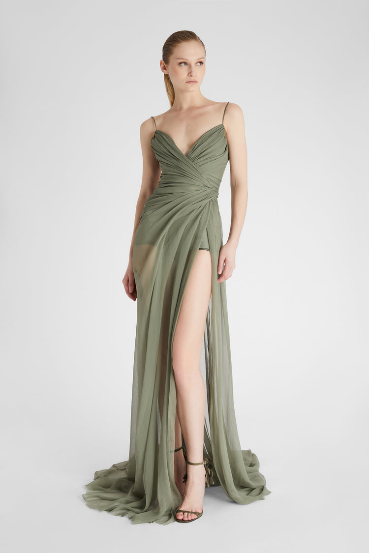 Long silk dress with slit