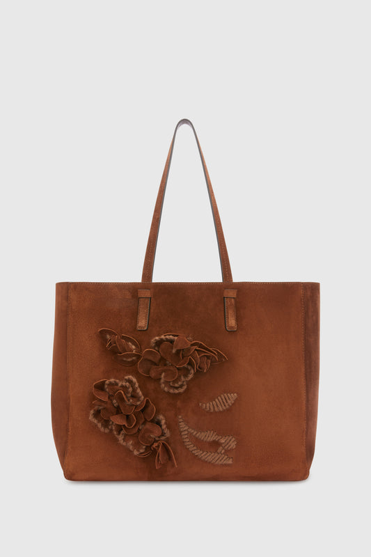 Suede shopping bag with handmade flowers and embroidery