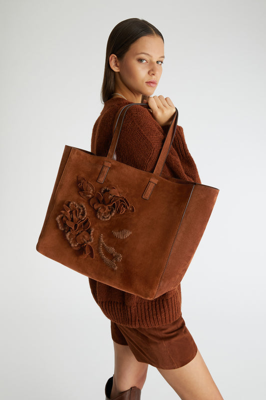 Suede shopping bag with handmade flowers and embroidery