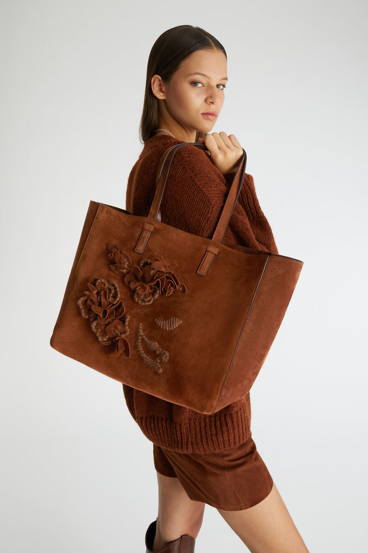 Suede shopping bag with handmade flowers and embroidery