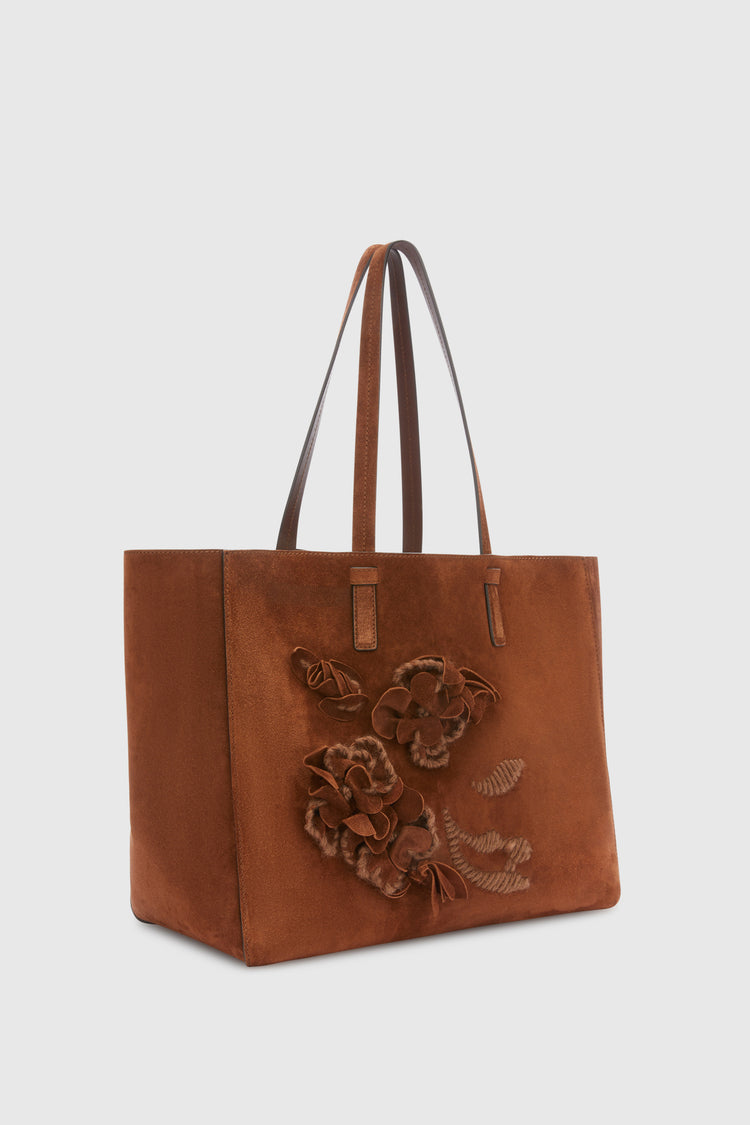 Suede shopping bag with handmade flowers and embroidery