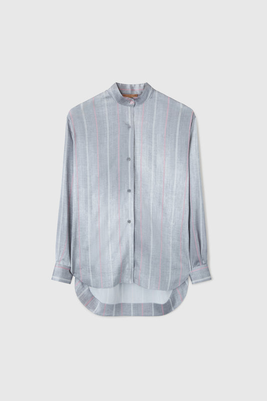 Pinstripe shirt with mandarin collar.