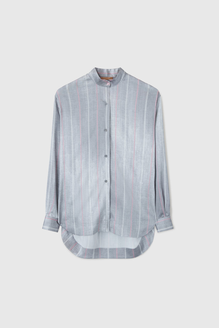 Pinstripe shirt with mandarin collar.