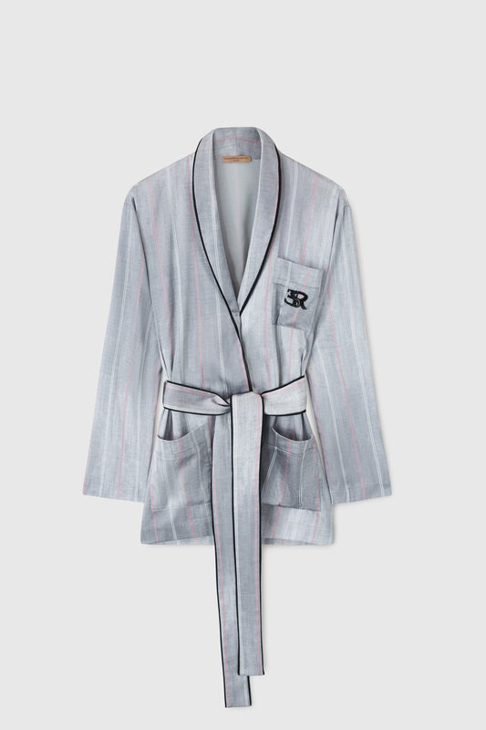 Short pinstripe dressing gown with belt.