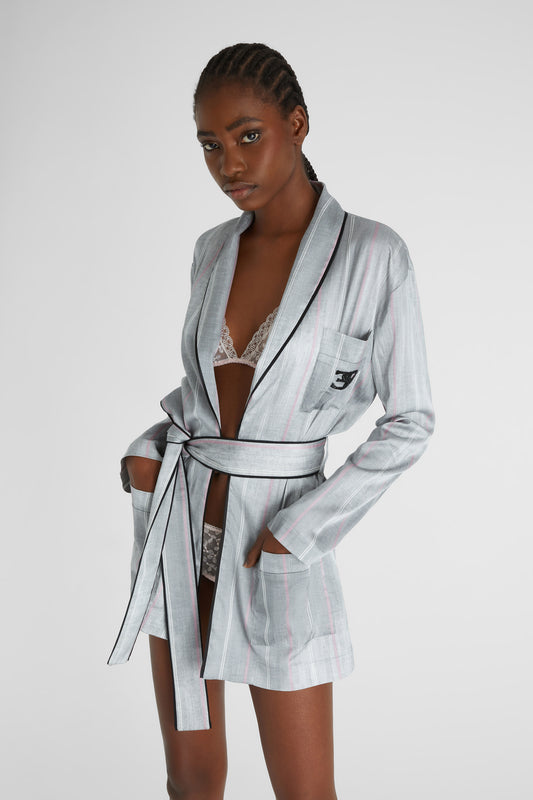 Short pinstripe dressing gown with belt.