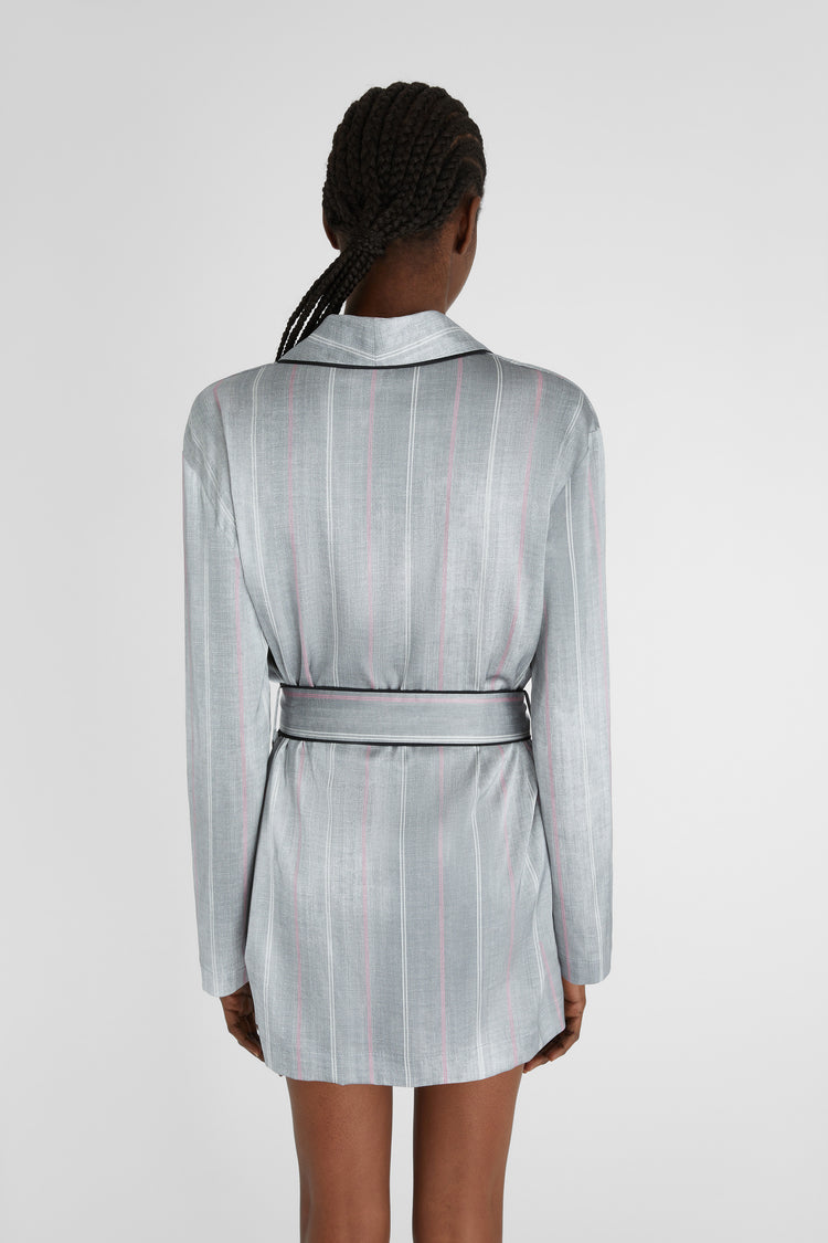 Short pinstripe dressing gown with belt.