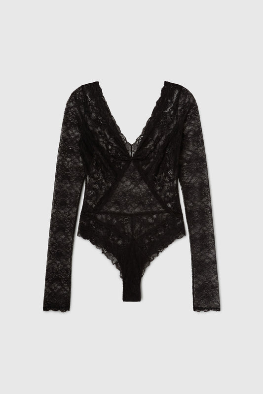 Lace bodysuit with velvet inlays.