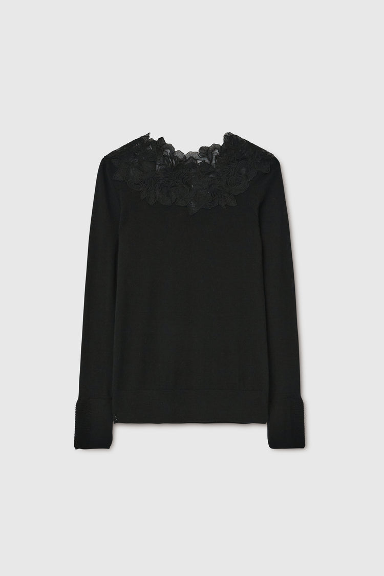 Pure merino wool sweater with lace on the neckline