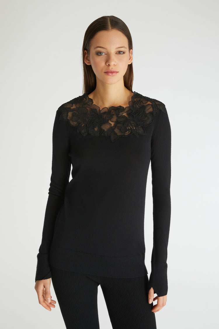 Pure merino wool sweater with lace on the neckline