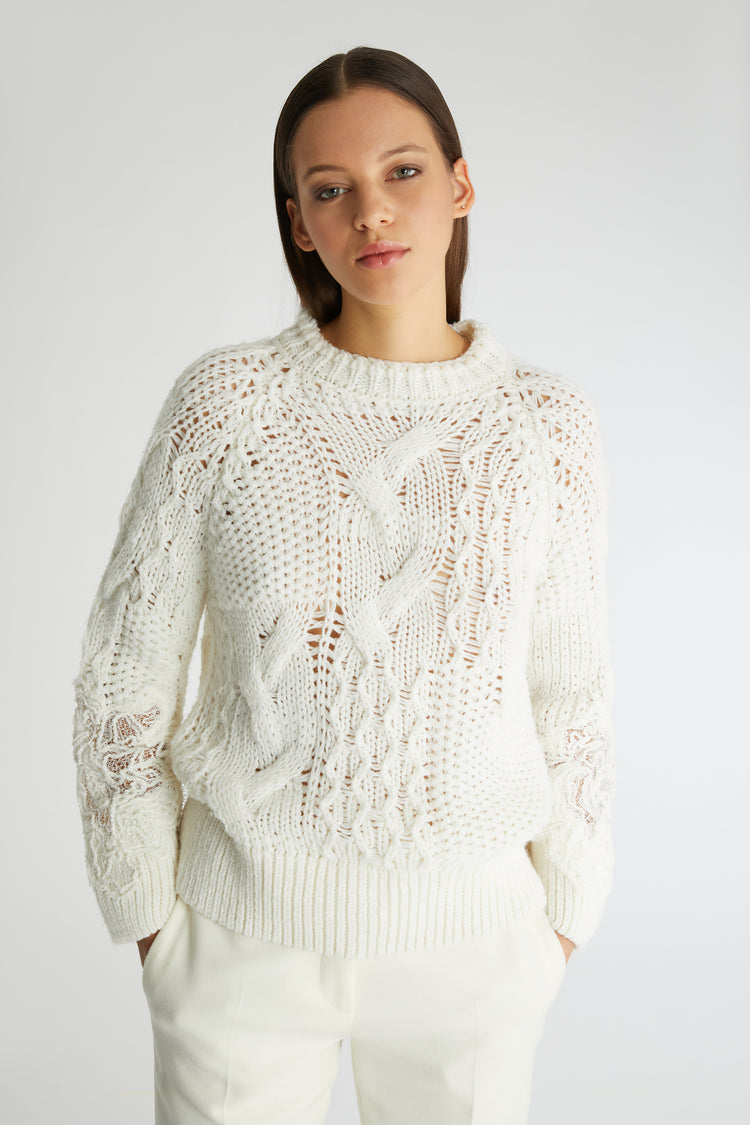 Wool blend jumper with braids and lace