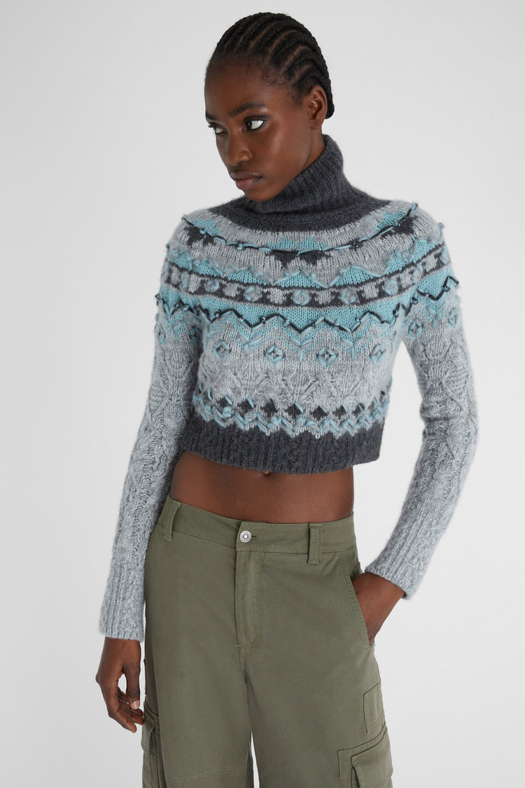 Pure cashmere cropped jumper with Norwegian embroidery