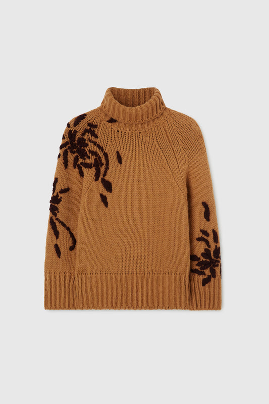 Alpaca blend jumper with high neck and handmade embroidery