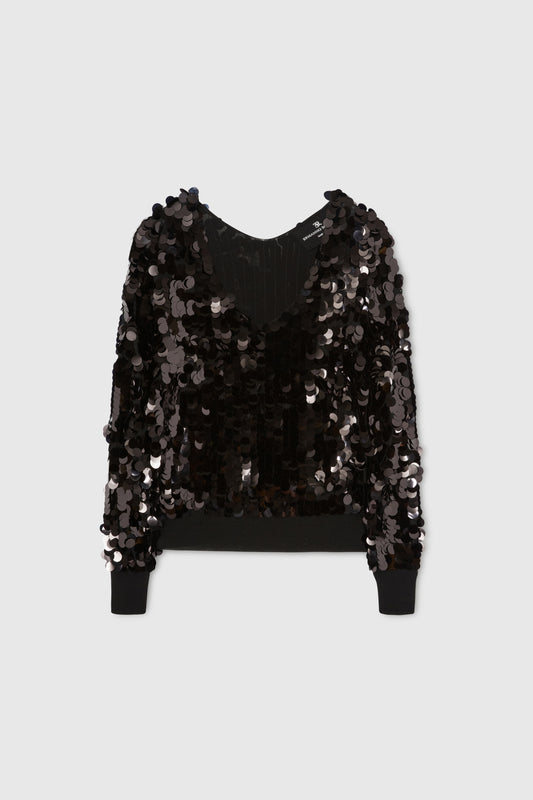 Maglia in pura lana merino con scollo a V e paillettes all over