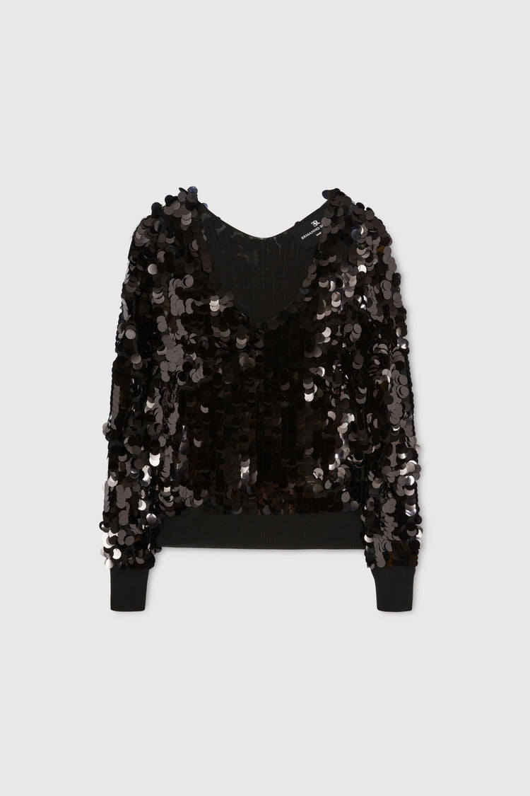 Pure merino wool sweater with V-neck and all over sequins