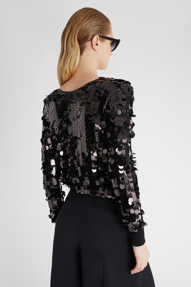 Maglia in pura lana merino con scollo a V e paillettes all over