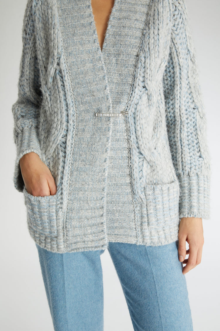 Alpaca and cashmere blend cardigan with braids and brooch