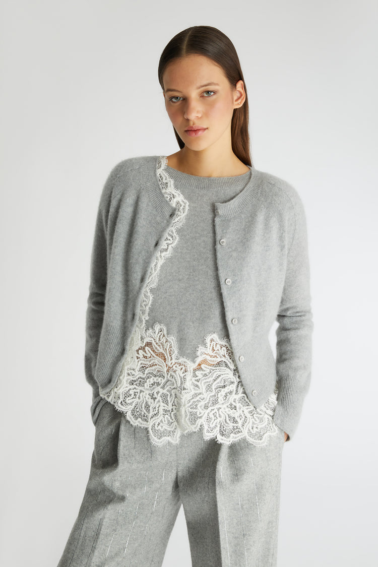 Pure cashmere cardigan with lace front