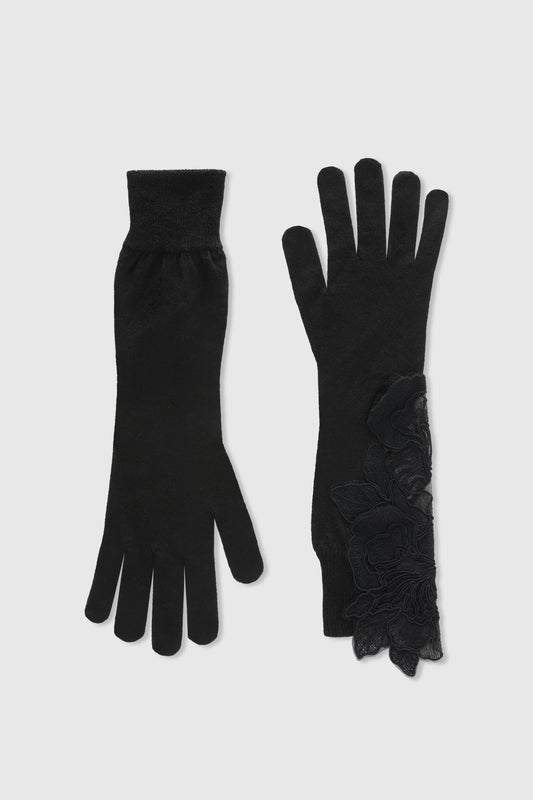 Gants en pure laine mérinos avec application florale