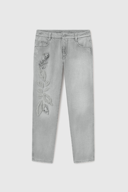 Straight-cut denim trousers with hand-embroidery