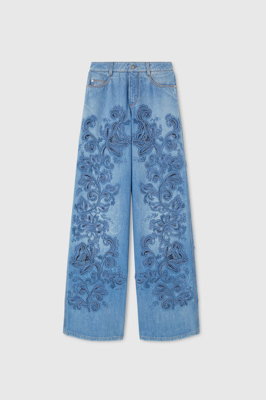 Palazzo denim with macramé lace