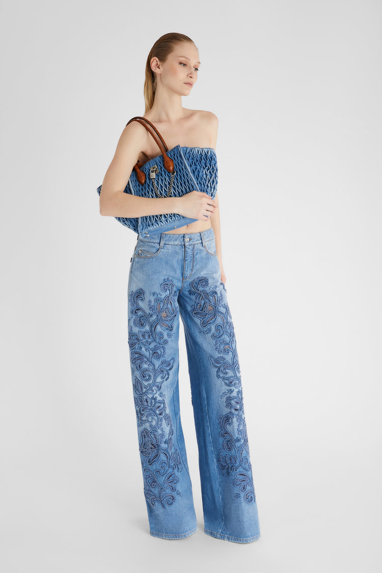 Denim Palazzo avec dentelle macramé en jean