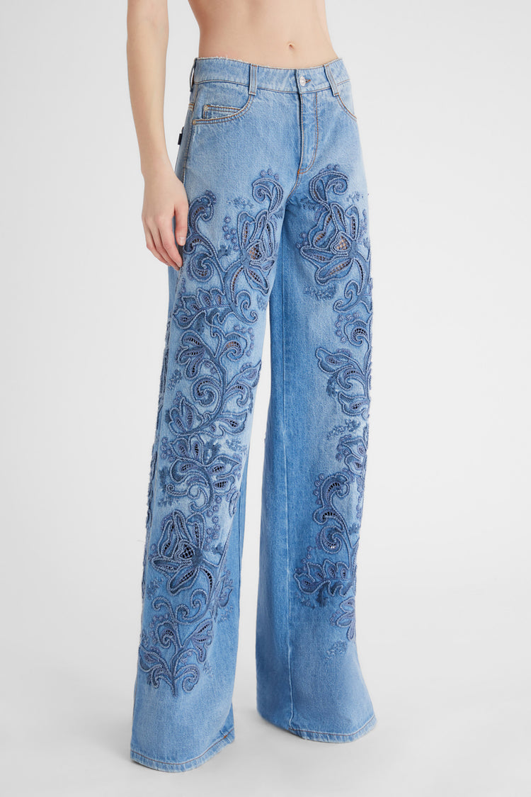 Denim Palazzo avec dentelle macramé en jean