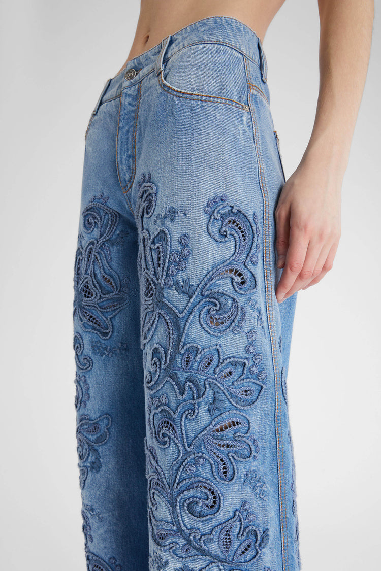 Palazzo denim with macramé lace