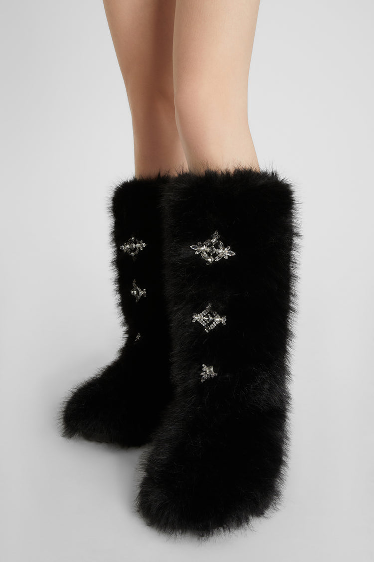 Faux-fur boot with handmade applications