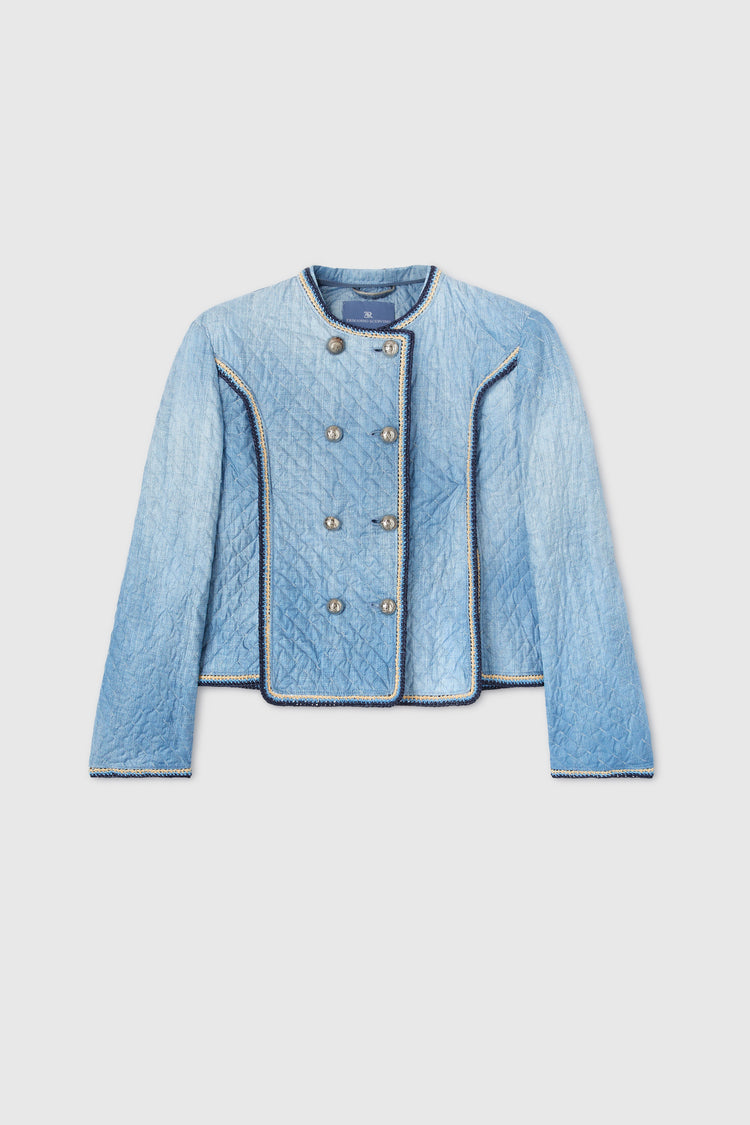 Denim effect quilted double-breasted jacket with multicoloured rafia piping