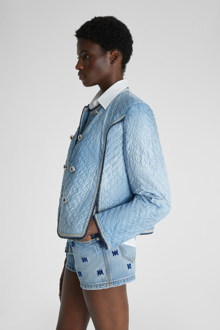 Denim effect quilted double-breasted jacket with multicoloured rafia piping