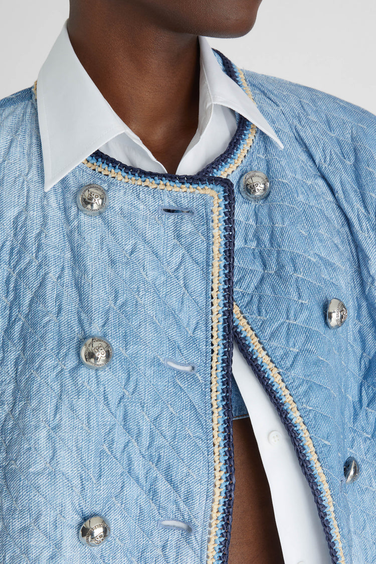 Denim effect quilted double-breasted jacket with multicoloured rafia piping