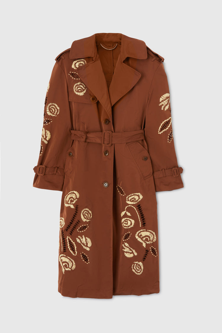 Midi trench coat in technical fabric with handmade embroidery