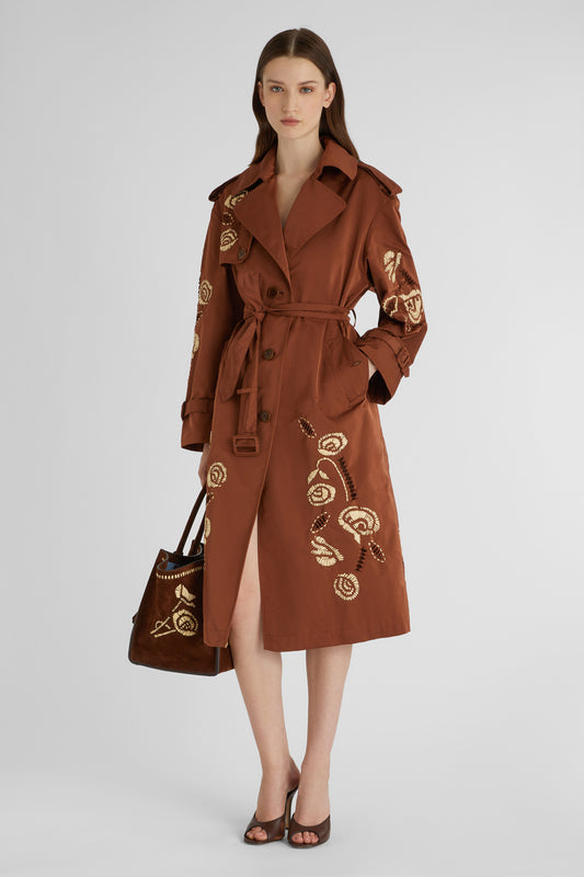 Midi trench coat in technical fabric with handmade embroidery