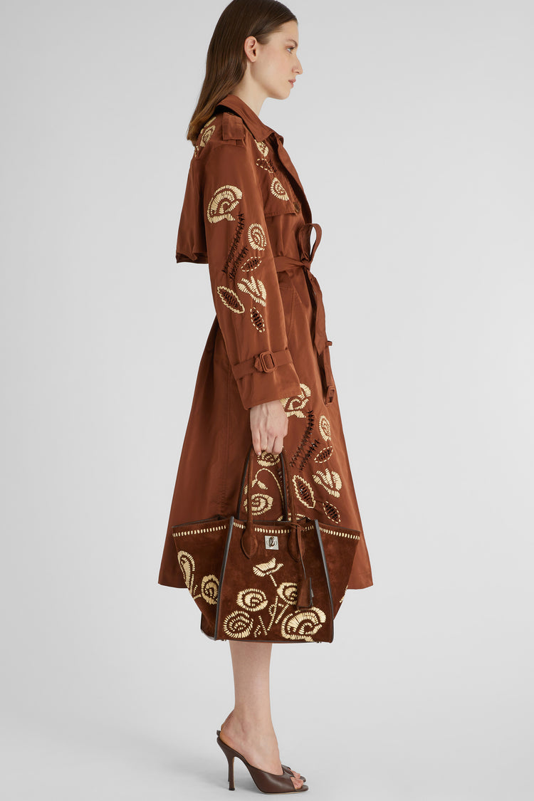 Midi trench coat in technical fabric with handmade embroidery