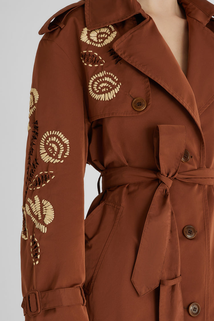 Midi trench coat in technical fabric with handmade embroidery