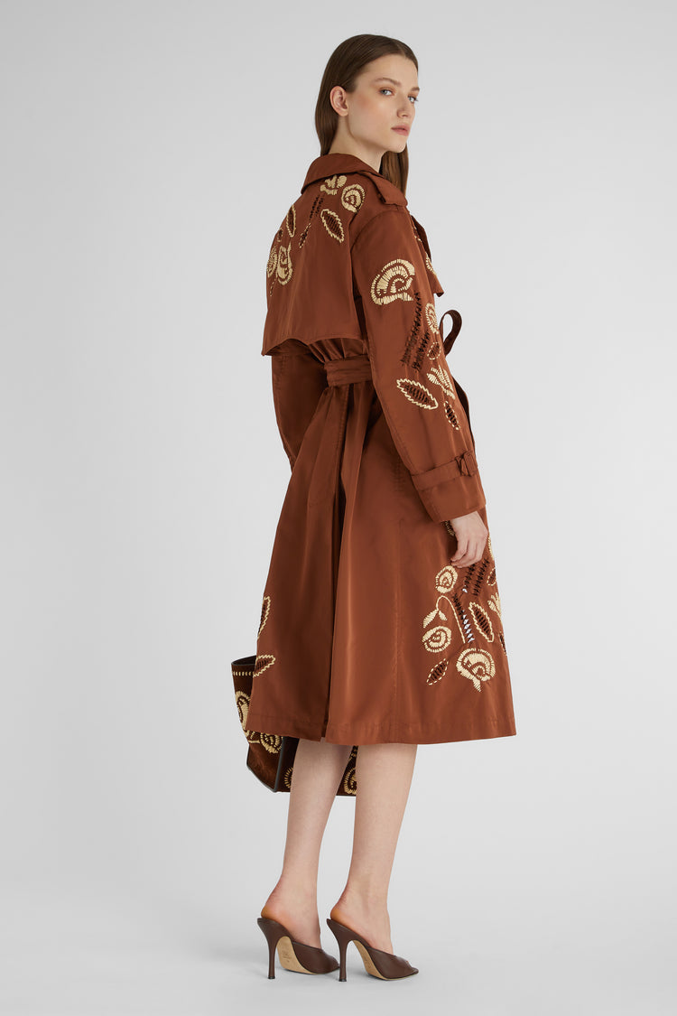 Midi trench coat in technical fabric with handmade embroidery