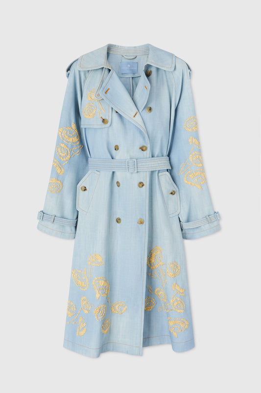 Denim print midi trench coat with handmade rafia floral embroidery