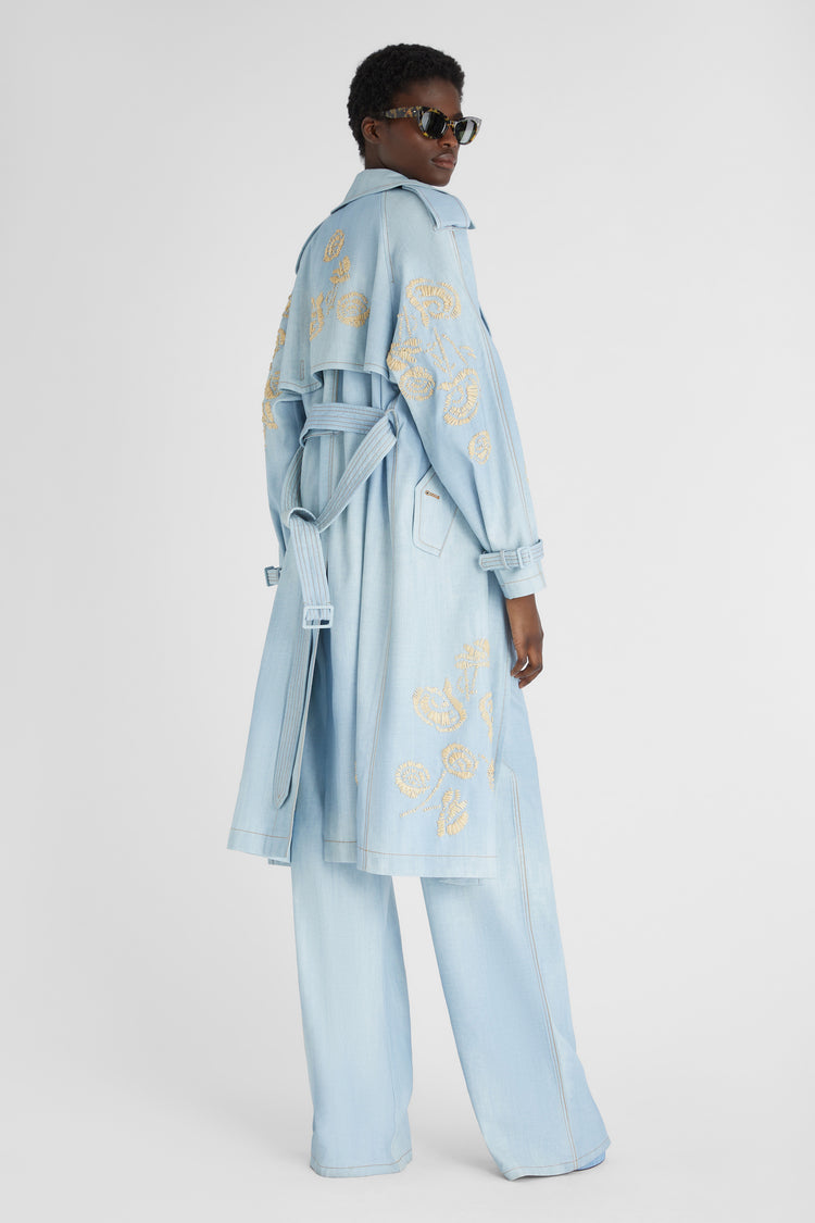 Denim print midi trench coat with handmade rafia floral embroidery