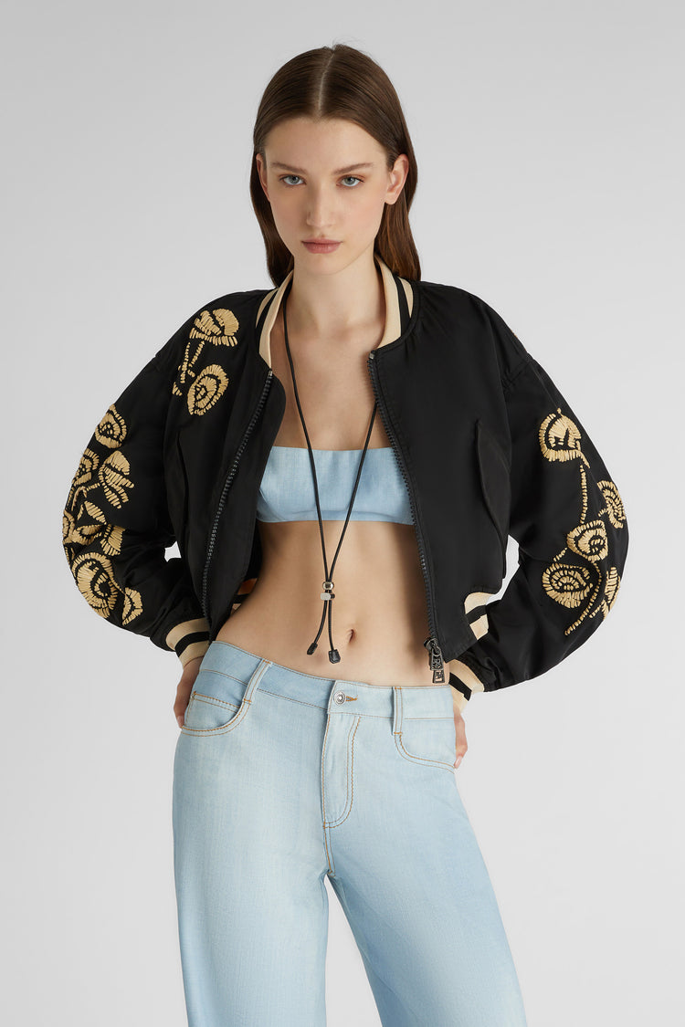 Technical fabric bomber jacket with handmade rafia floral embroidery