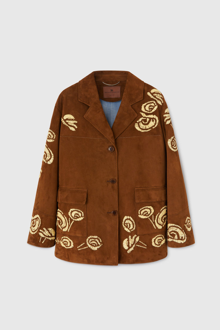 Single-breasted suede jacket with handmade contrasting rafia floral embroidery