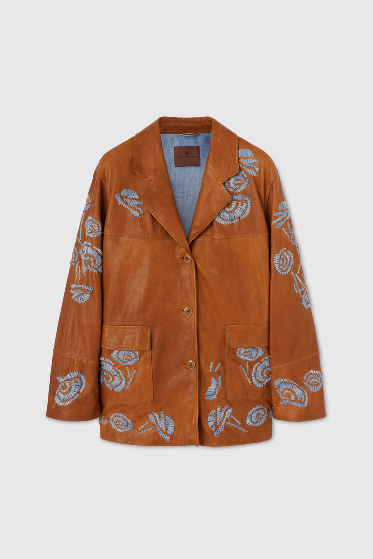 Single-breasted leather jacket with contrasting handmade floral embroidery