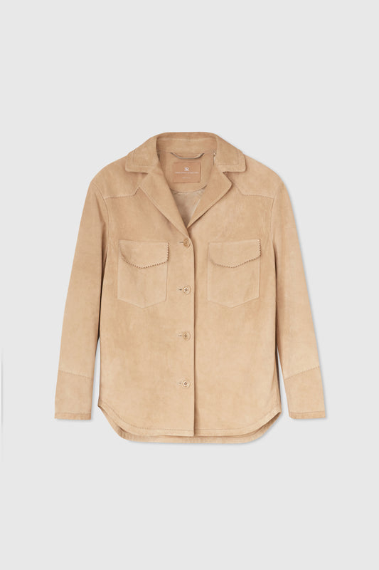 Single-breasted jacket in clouded suede with topstitching and broguing details.