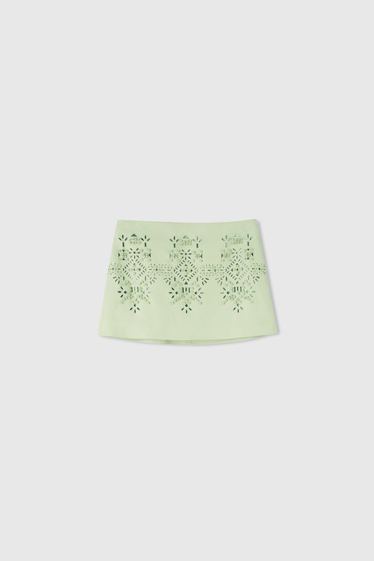 Nappa leather miniskirt with handmade geometric embroidery